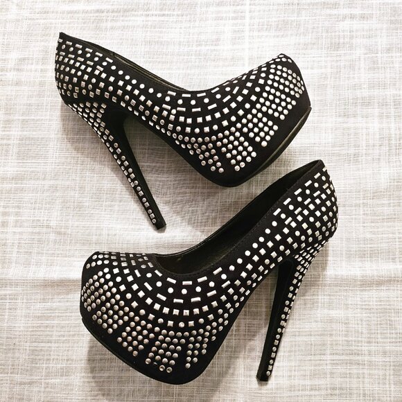 JUST FAB Delphyne Platform Studded Black Stiletto 6" Heels - Size 6 - Picture 5 of 6